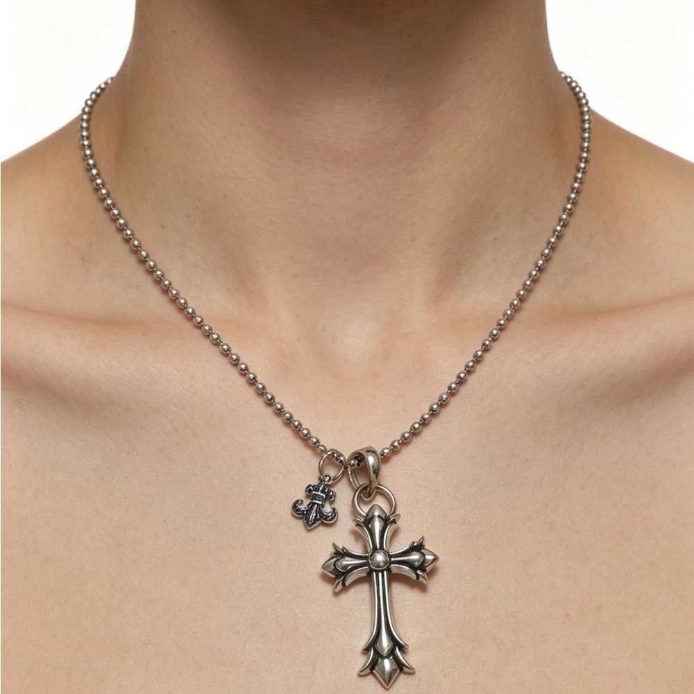 Chrome Hearts Silver Cross Necklace with Blue Accent